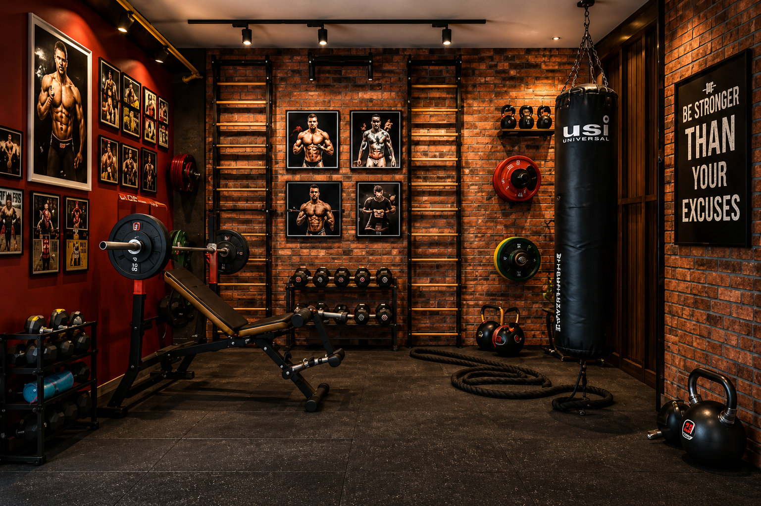 Home gym with exposed brick wall, weight bench, punching bag and wall-mounted equipment
