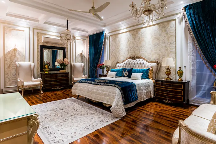 Opulent master bedroom in a luxury interior